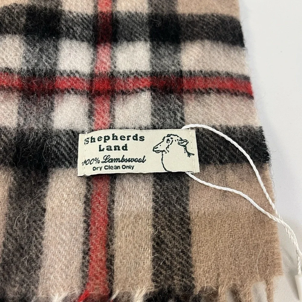 New Shepherd's Land 100% Lambswool Tartan Plaid Fringe Scarf Khaki Red Cozy Soft